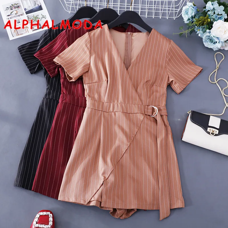 ALPHALMODA полосатые модные комбинезоны с v-образным вырезом, пояса с пряжками, высокая талия, женская Стильная летняя одежда С АСИММЕТРИЧНЫМ ПОДОЛОМ