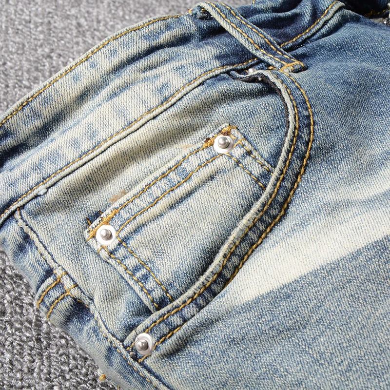 Special price! Men's bandanna paisley printed biker jeans for motorcycle Vintage blue ripped stretch denim pants | Мужская одежда