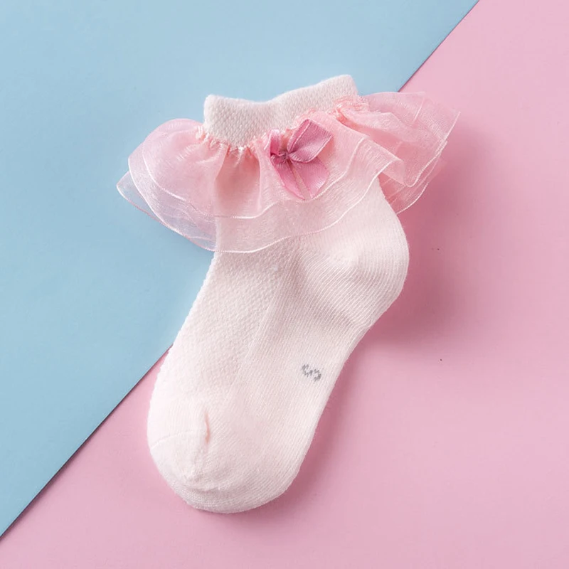 Летние От 2 до 8 лет, детские носки для девочек с кружевами, Kawaii, дышащие сетчатые короткие носки, белые, розовые, синие хлопковые носки для малышей, носки принцессы для девочек