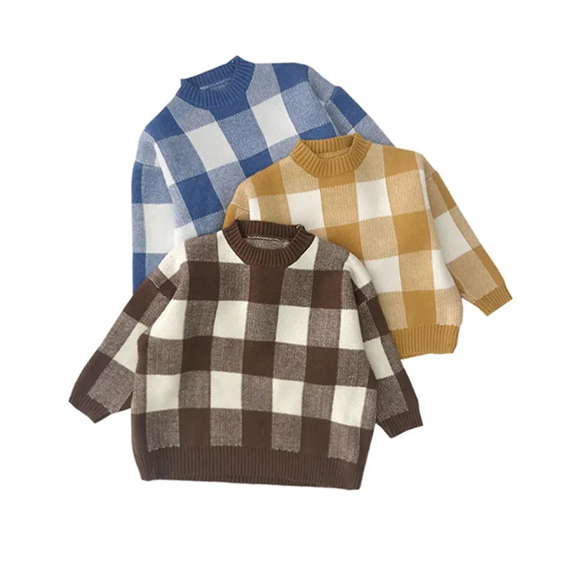 Вязаный пуловер в клетку с вырезом лодочкой для маленьких мальчиков и девочек от