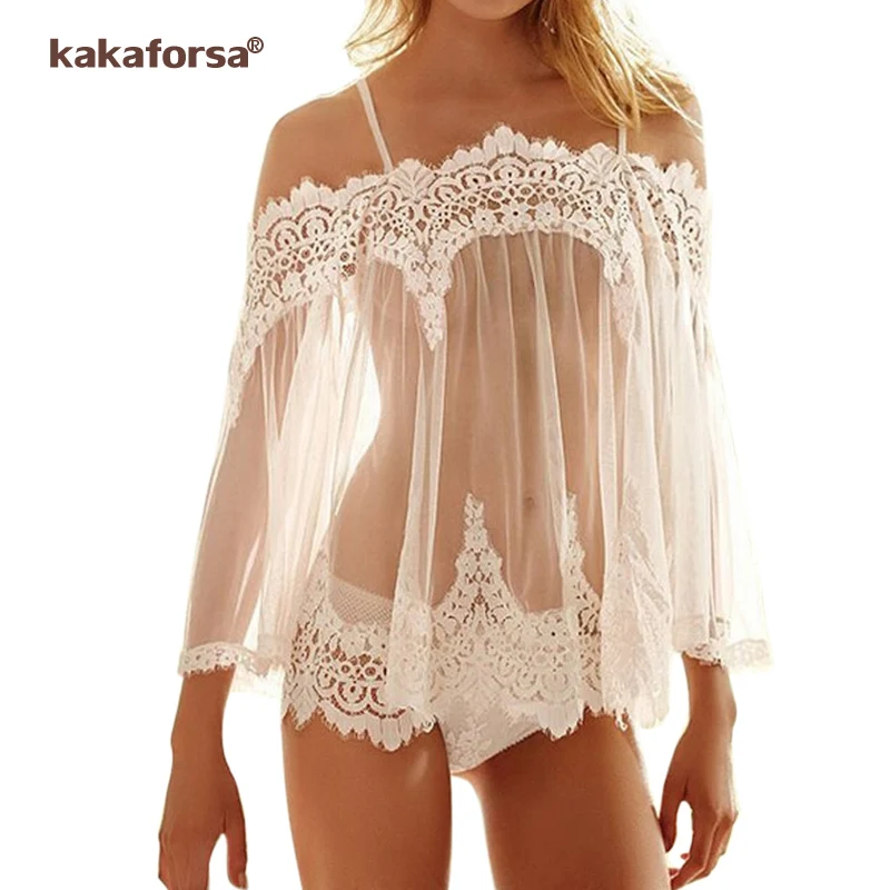 

Kakaforsa Sexy Lace Erotic Lingerie Transparent Gauze Bare Shoulder Sexy Costumes Embroidery Sleep Sling Dress +T-thongs