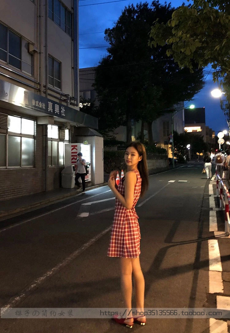 Kpop BLACKPINK JENNIE уличная мода красное клетчатое летнее платье женское корейское элегантное платье женские сексуальные платья kawaii одежда