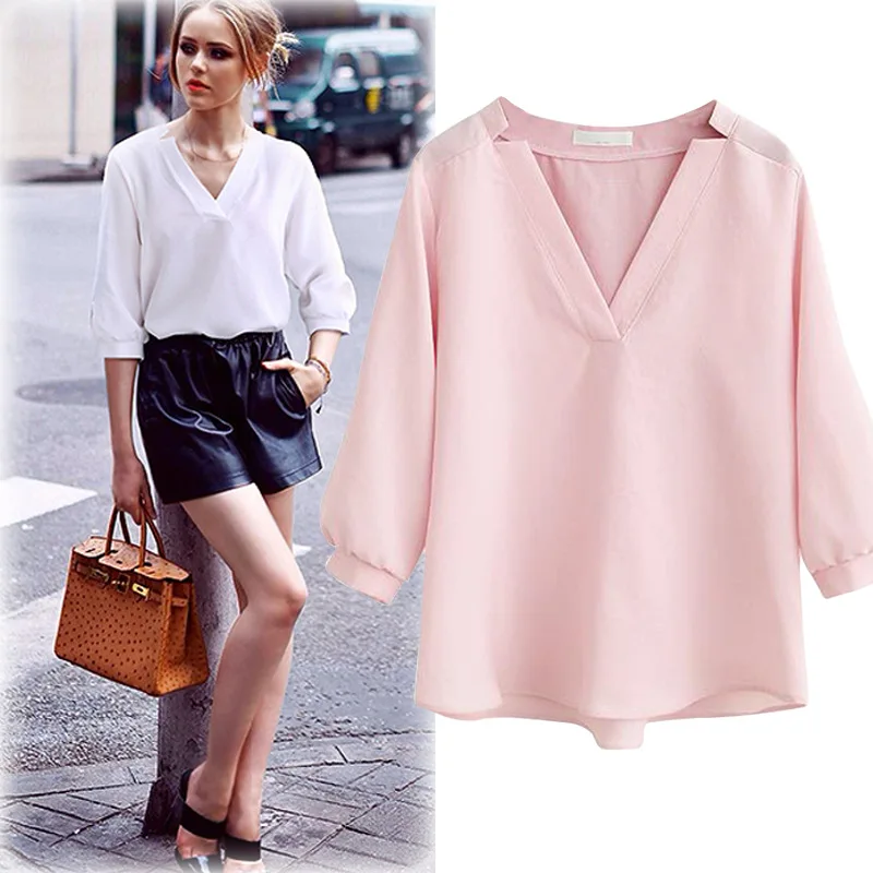 Женская футболка с v образным вырезом Повседневная Свободная Однотонная