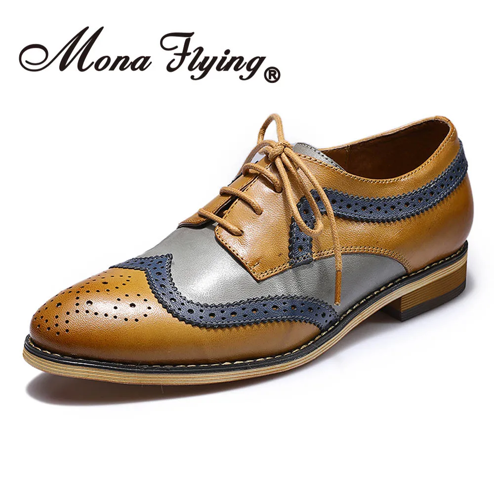 Mona flying/женские кожаные Разноцветные Туфли-оксфорды на шнуровке с перфорацией типа «броги»; туфли дерби; женские B098-01 - Цвет: Brown-Grey