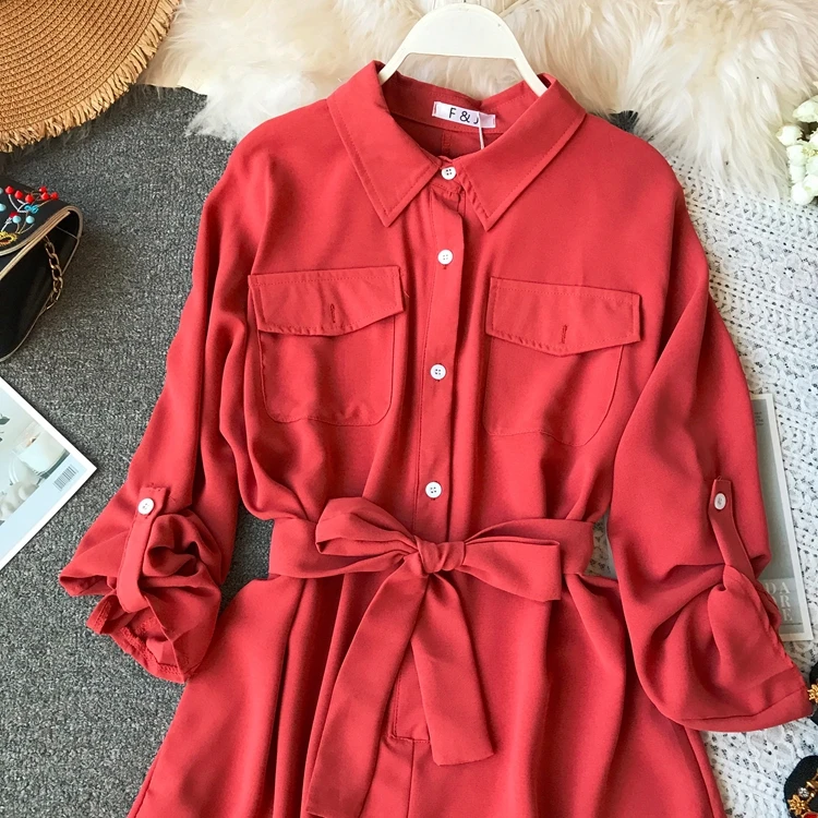 ALPHALMODA, Осенний женский однобортный комбинезон с длинными рукавами, откидной карман, высокая талия, пояс, Женский Повседневный однотонный комбинезон