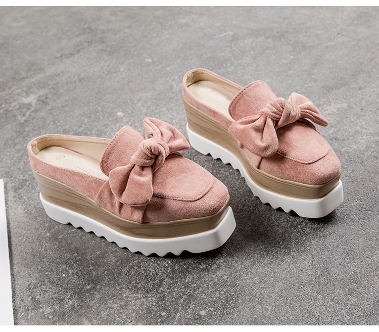 Корейский Slingback мюли для женщин завязанный бант клинья туфли без каблуков шлёпанцы для женщин квадратный носок мокасины на танкетке Платформа bullock обувь pantufla2019