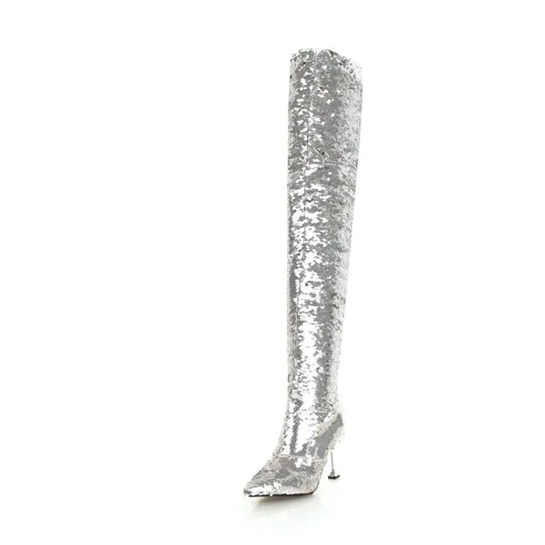 Silver Mstacchi осень-зима туфли на высоком каблуке; пикантные Сапоги выше колена цвета: золотистый, серебристый рыцарские сапоги сверкающие блестки Для женщин сапоги для ночного клуба - Цвет: Silver
