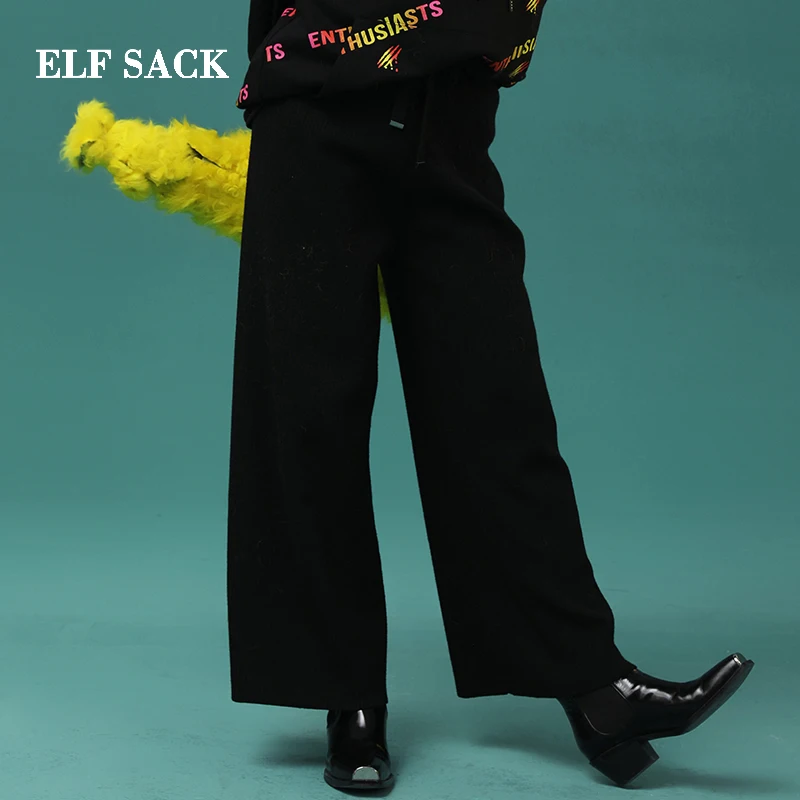 ELFSACK, новинка, зимние женские штаны, повседневные, одноцветные, средней длины, на завязках, негабаритные, женские брюки, уличная одежда, Женские Широкие штаны