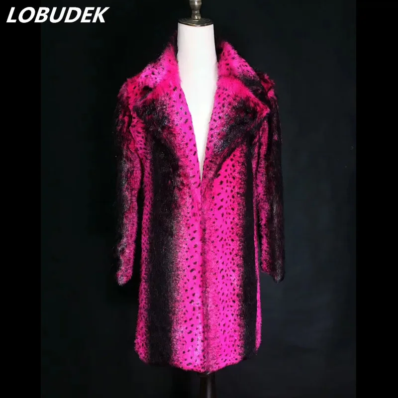 2019 Winter Rose Fur Leopard Overcoat Faux Long Coat Tide Male Singer Nightclub Concert Costume Host Stage Outfit Outerwear | Мужская