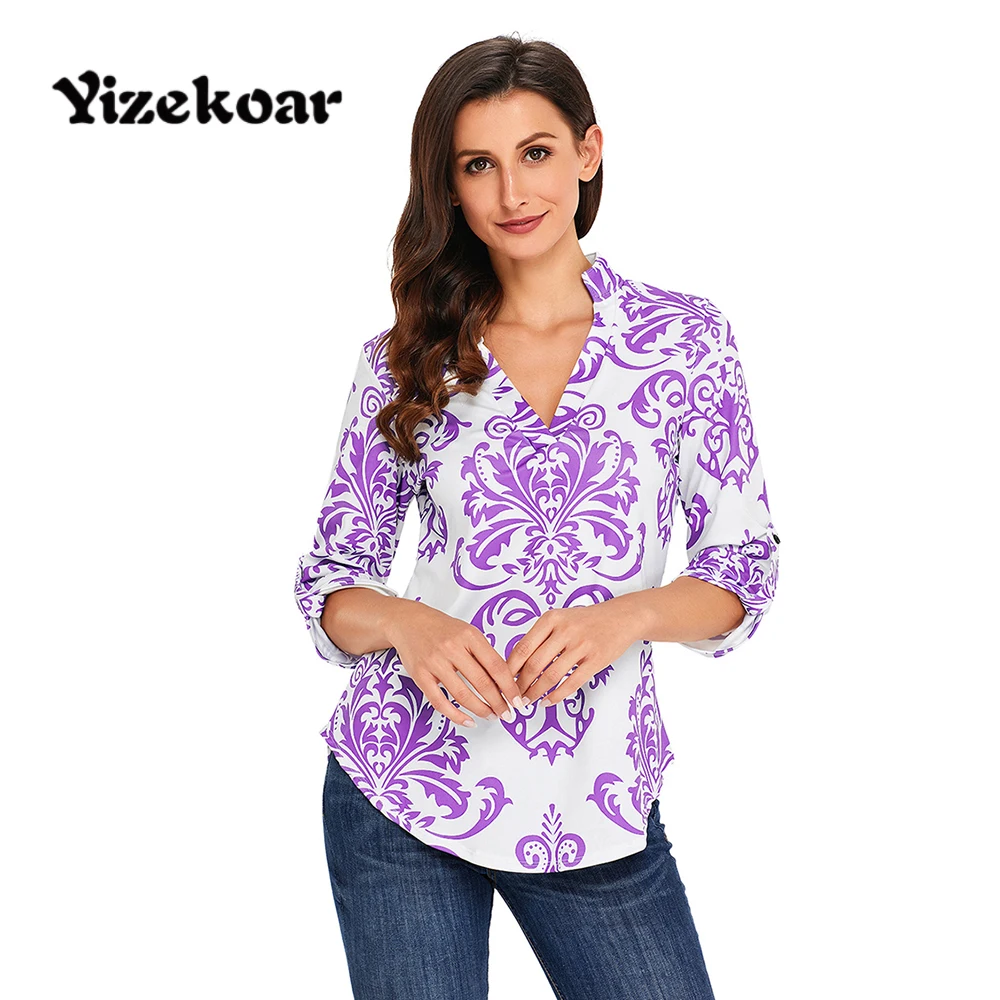 Yizekoar Damask Print Blouse Shirts Women Floral Blusas 2018 Autumn Casual Top Spring Lady Big Size Roll Up 3/4 Sleeve Blouses |