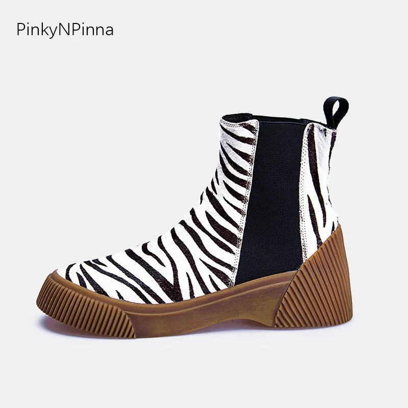 Роскошные женские ботильоны из конского волоса натуральной кожи с принтом зебры