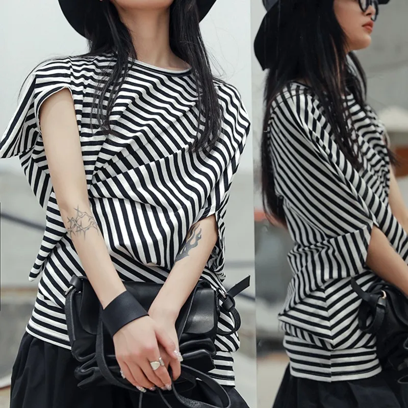 Женская футболка CHICEVER летняя повседневная в полоску с круглым вырезом и коротким