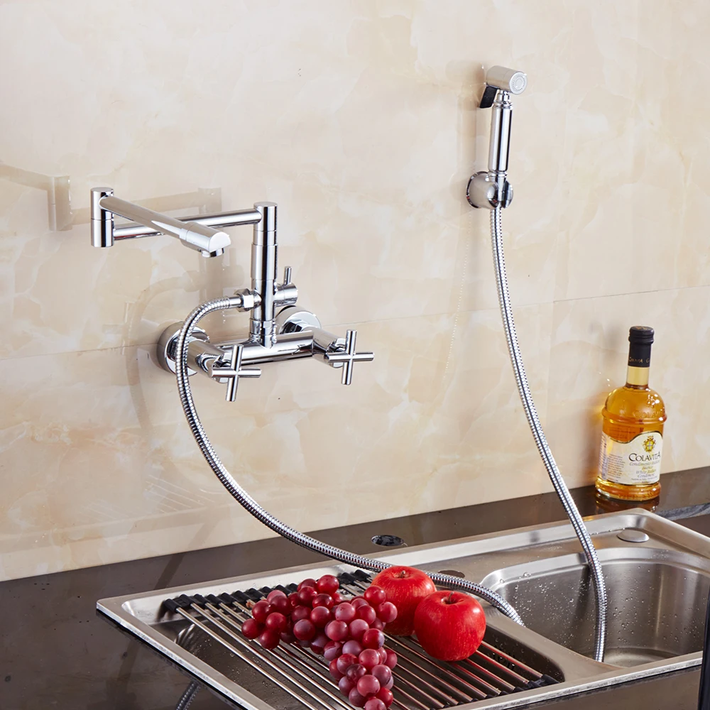Free Shipping Brass Chrome Double Handle Kitchen Faucet 360 Degree Rotate Mixer Folding Tap with Spray Bidet for | Обустройство дома