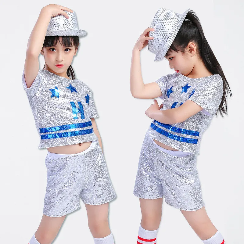 

Girls Sequin Street Dance Costume Hip Hop Jazzy Bling Sequins Glittery Blue Star Dance Costumes 2pcs Set Stage Wear Dance Outfit