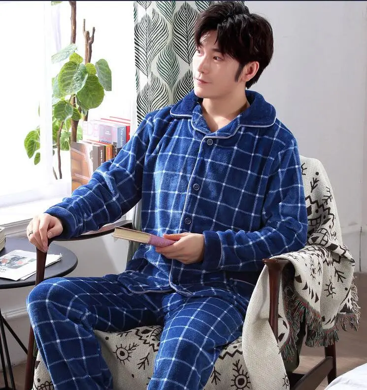 Fashion Brand Luxury Winter Pajamas Men Sleepwear Thick Warm Coral Fleece Mens Pajama Set Male Nightwear Leisure Home Clothing