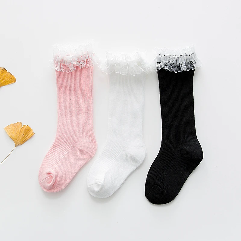 Кружевные гольфы для девочек Длинные теплые детские белые черные Хлопковые