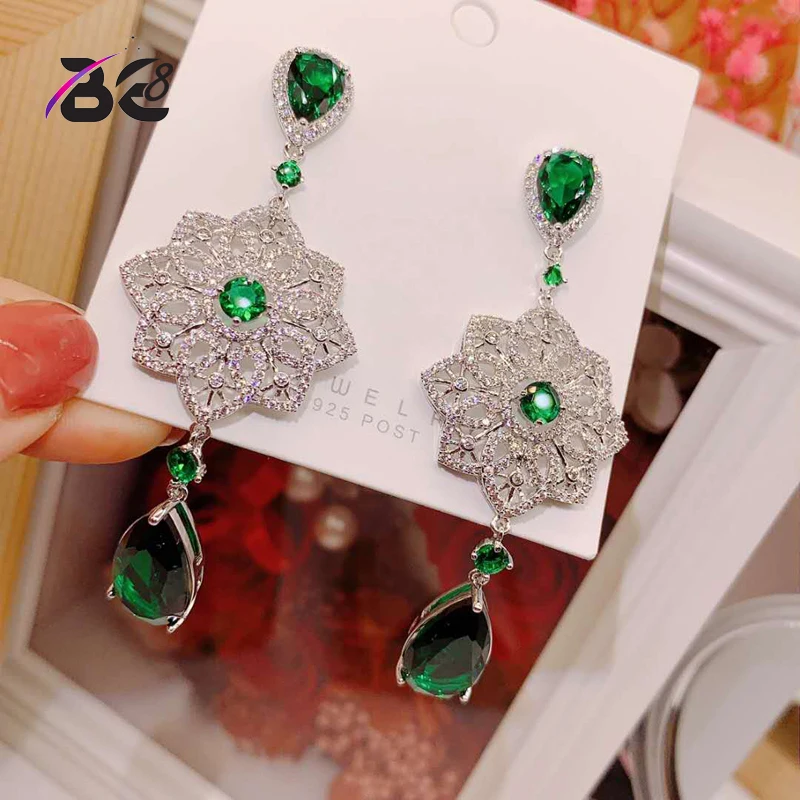 

Be 8 New Fashion Green Color AAA Cubic Zirconia Water Drop Shape Wedding Big Earrings for Women Fashion Jewelry Brincos E854
