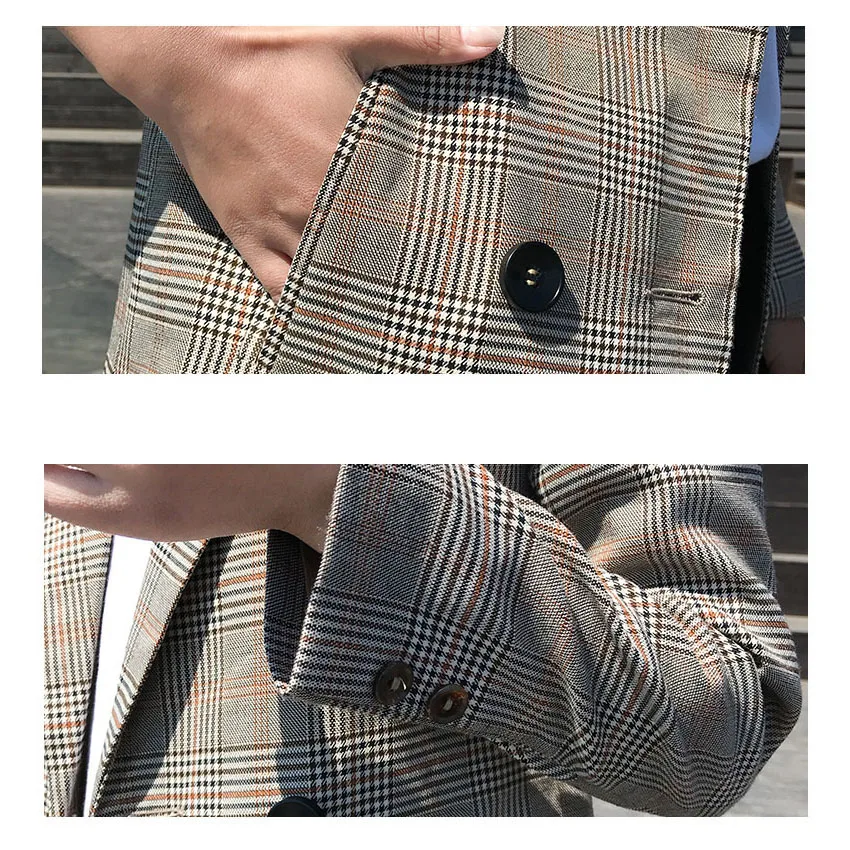 

Vintage plaid blazer women notched collar double breasted striped jacket fashion outerwear 2019 autumn winter