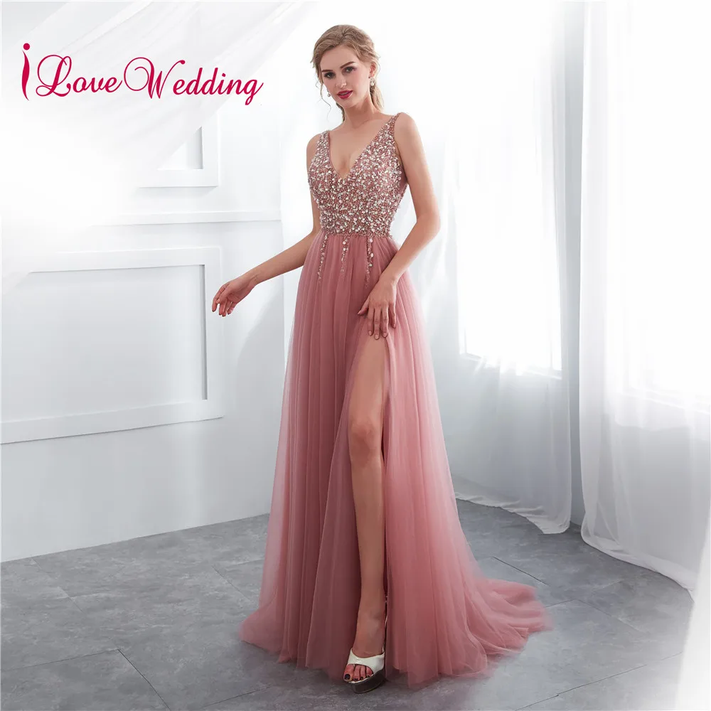 ILoveWedding/длинное вечернее платье с треугольным вырезом и бусинами|Вечерние платья|