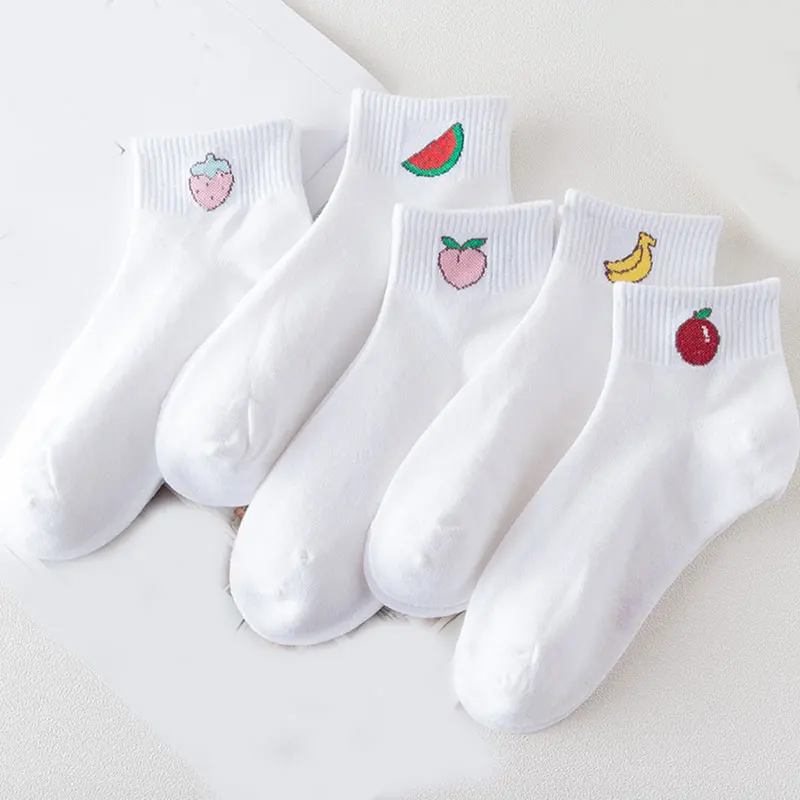 White fruit 5 pairs 5 пар/компл. хлопок Для женщин носки по щиколотку летний Повседневное в полоску, модная фрукты Твердые Цвет узор короткие женские Носки с рисунком - Цвет: White fruit 5 pairs
