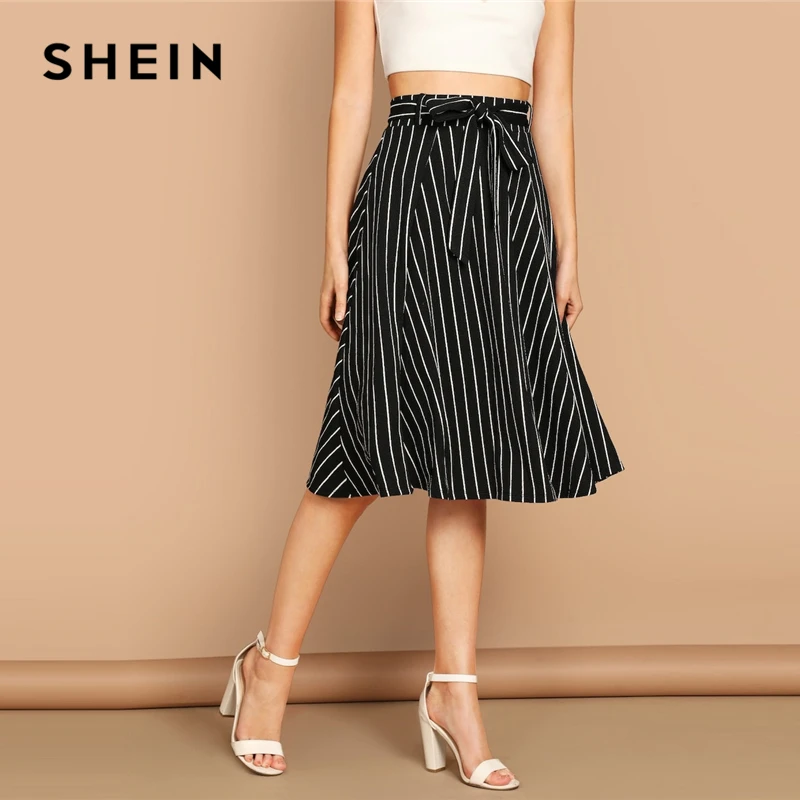 SHEIN Юбка В Полоску С Высокой Талией Женская Черная Летняя Богемная Миди-Юбка С Поясом