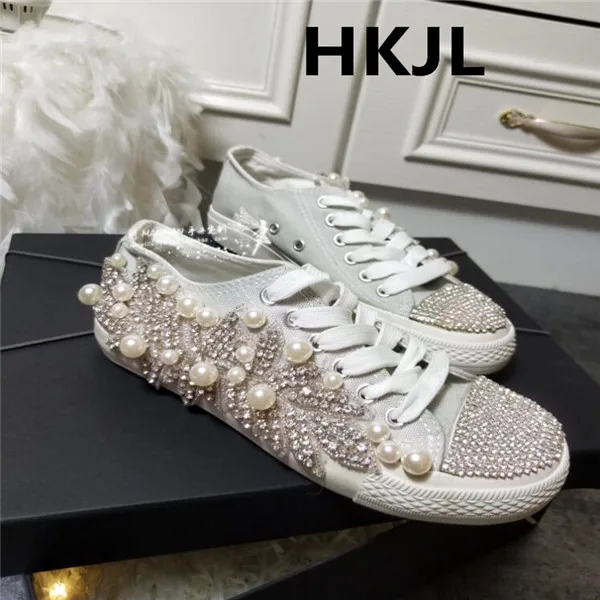 HKJL/Новинка года; ручная работа; инкрустированный стразами; парусиновая обувь на плоской подошве с низким берцем; обувь со стразами и жемчугом