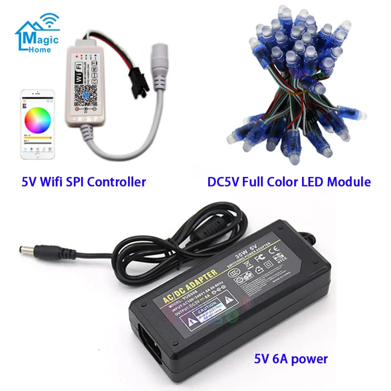 DC5V 50 шт. полноцветный IP68 WS2811 IC RGB пиксель светодиодный модуль светильник, DC5V Wifi светодиодный SPI контроллер, DC 5 В 6A Светодиодный источник питания Adapte