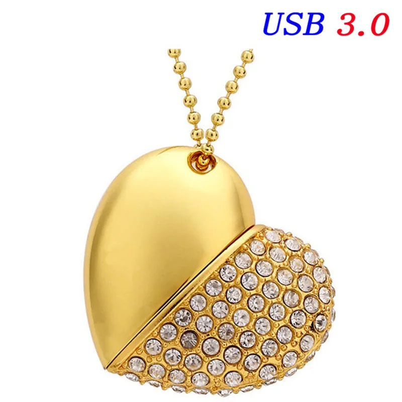 JASTER USB 3,0, Кристальный бриллиант, любовь, сердце, usb флеш-накопитель, карта памяти, сердца с цепочкой, флешка, 4 ГБ, 8 ГБ, 16 ГБ, 32 ГБ, 64 ГБ, подарок - Цвет: Gold