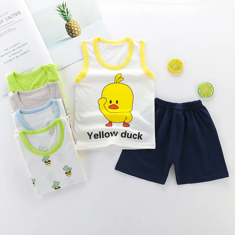 Children Cartoon Sleeveless Vest + Shorts 2pce Set Baby Girls Cotton Yellow Duck colthes Kids Boys Casual Outdoor Clothing sets | Детская