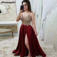burgundy evening dresses a line spaghetti straps satin lace beaded slit long evening party gown prom dress abendkleider
