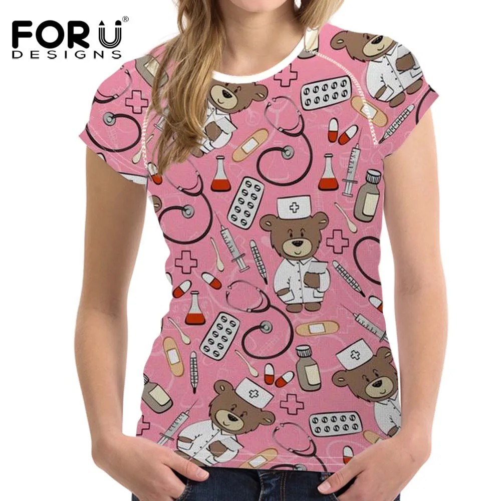 FORUDESIGNS/футболка для женщин мультфильм медсестра Медведь футболка с принтом