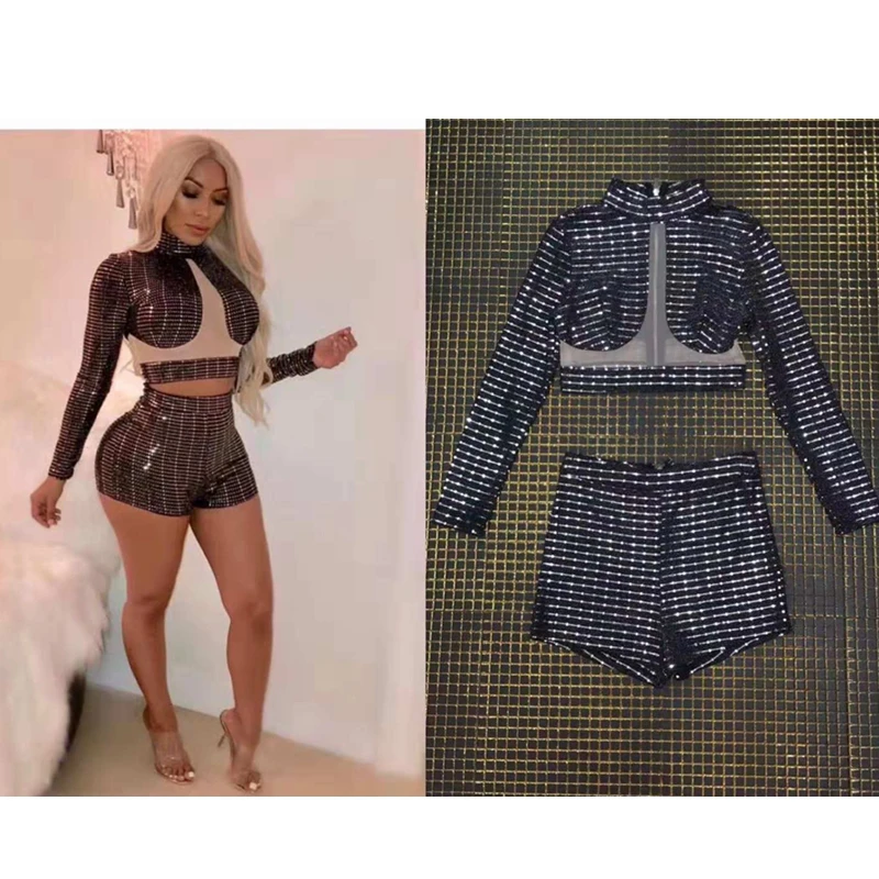 Женский Облегающий комбинезон из двух частей черный сетчатый с бусинами клубный