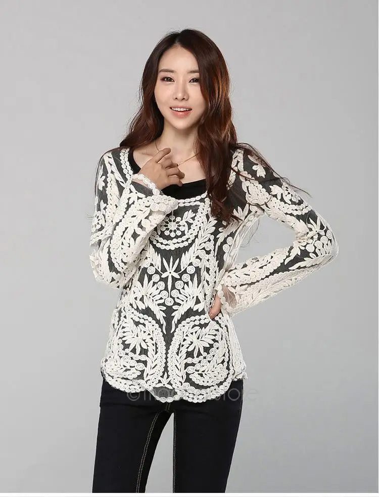 Blusas Femininas, женская сексуальная Кружевная блуза с длинным рукавом, топы, модные Ажурные вязаные топы