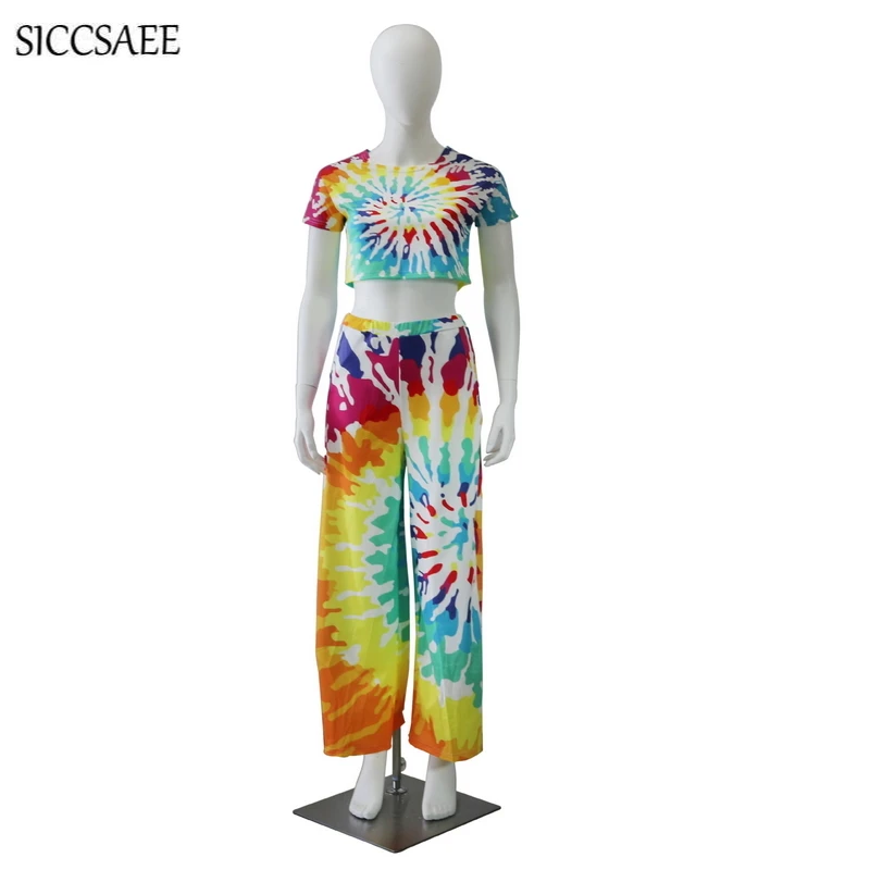 Pattern Painting Two Piece Set Vintage Palazzo Pants Suits Colorful Matching Sets Casual Crop Top Rainbow Retro Tie Dye Summer Женская