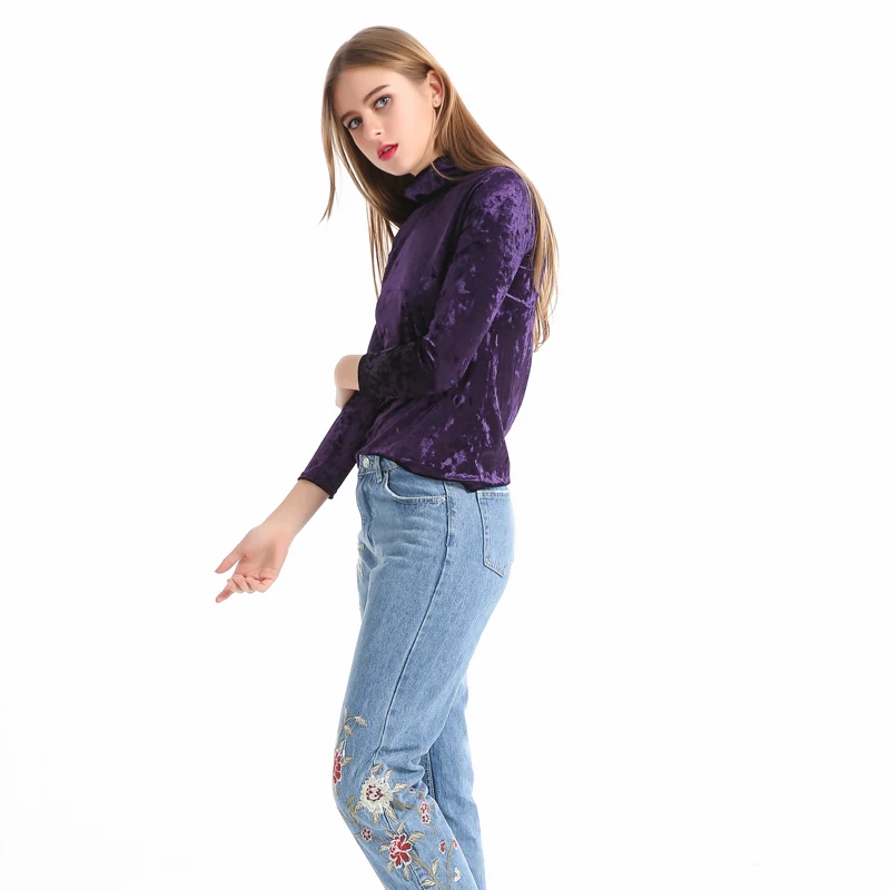 

Women Velvet Blouses Elegant Stand Collar Three Quarter Sweashirt for Women Fashion Casual Top