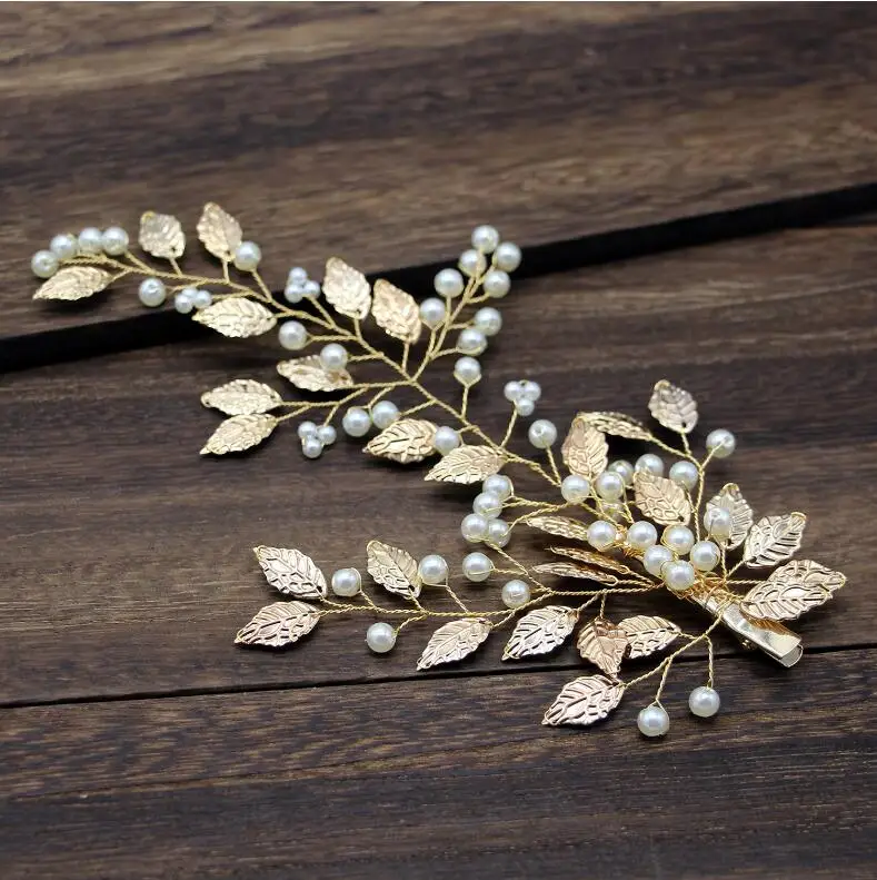 Ручной работы элегантные Gold Leaf Свадьба головы жемчужное платье свадебное