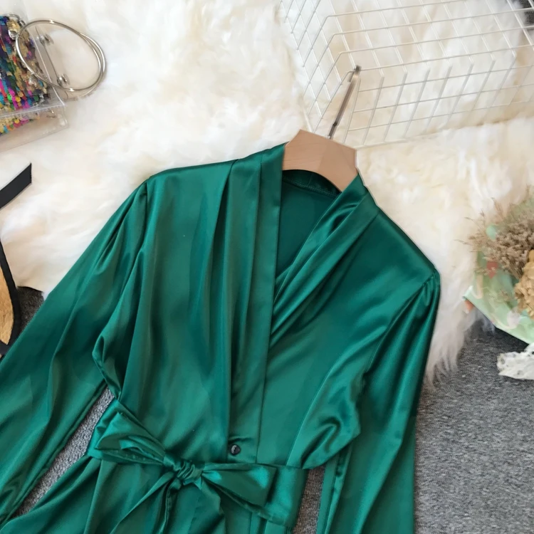 ALPHALMODA женские модные атласные блузки с v-образным вырезом и поясом, женские элегантные атласные рубашки с длинными рукавами