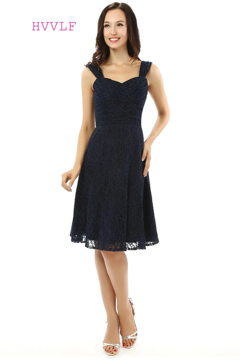 

Lace Homecoming Dresses A-line Sweetheart Cap Sleeves Knee Length Navy Blue Sweet 16 Cocktail Dresses
