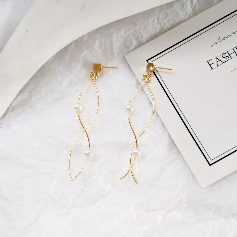 Женские винтажные серьги с искусственным жемчугом Необычные волнистые длинные