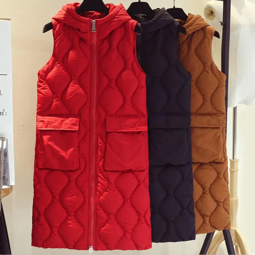 Женский Теплый жилет с капюшоном длинный Повседневный хлопковой подкладкой без