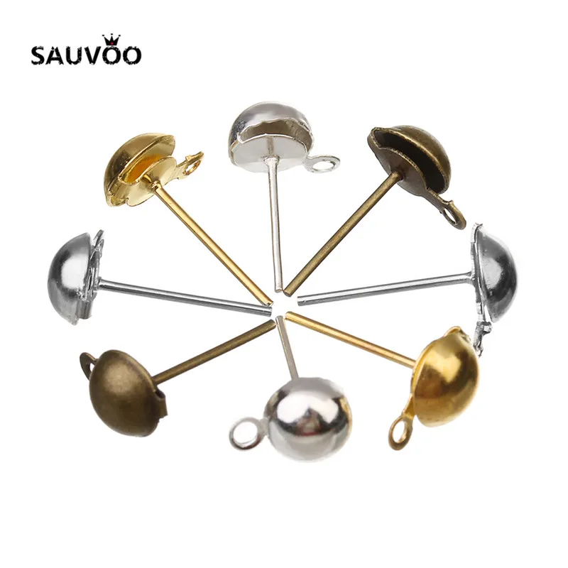 Sauvoo 50pcs Antique Bronze Gold Silver Color Metal Ball Iron Stud Earring Pins 6mm 8mm with Hole for DIY Ear Jewelry Making | Украшения и