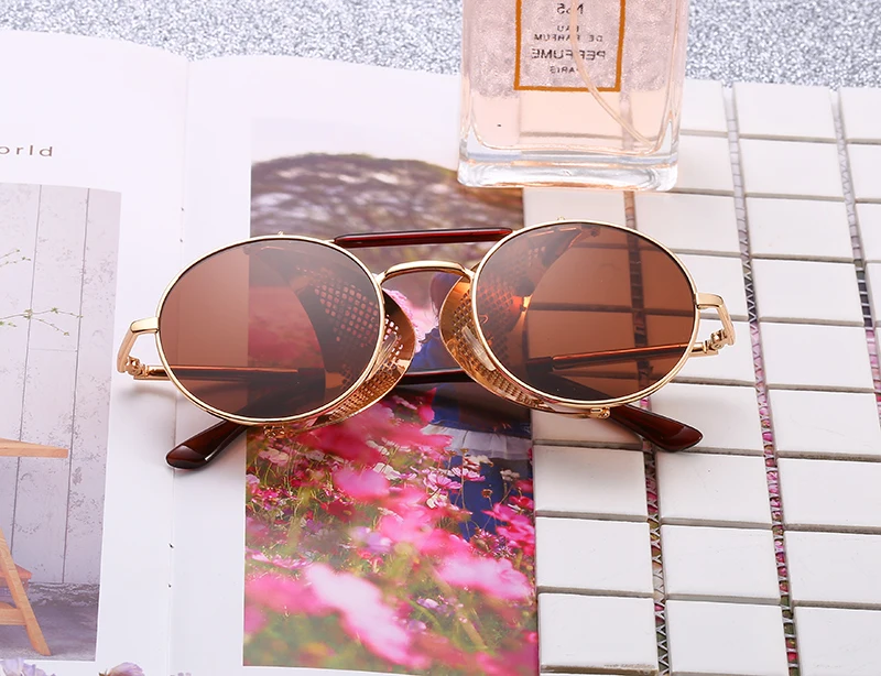 2018 Модные солнцезащитные очки в стиле стимпанк мужские с круглыми боками