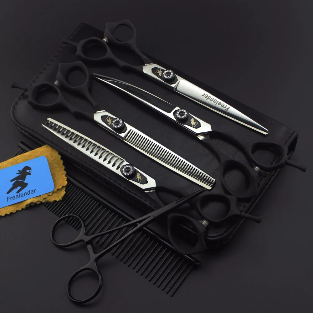 

7 "Professional pet grooming kit, direct and thinning scissors and curved pieces 4 pieces. ,technicolor black handle