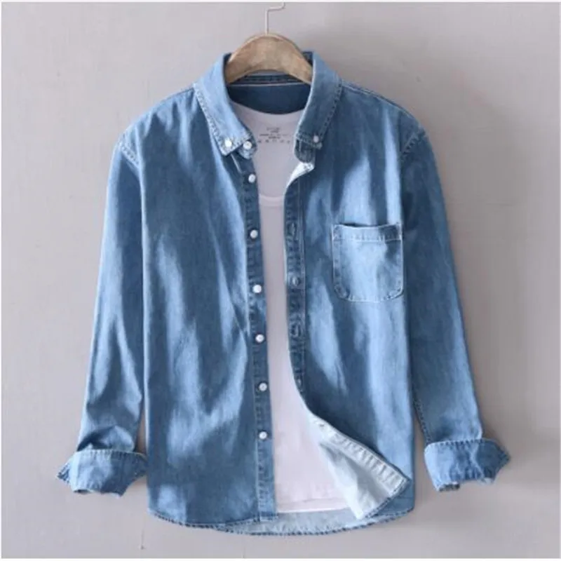 100% Хлопковая мужская Тонкая джинсовая рубашка с длинными рукавами мягкая тонкая