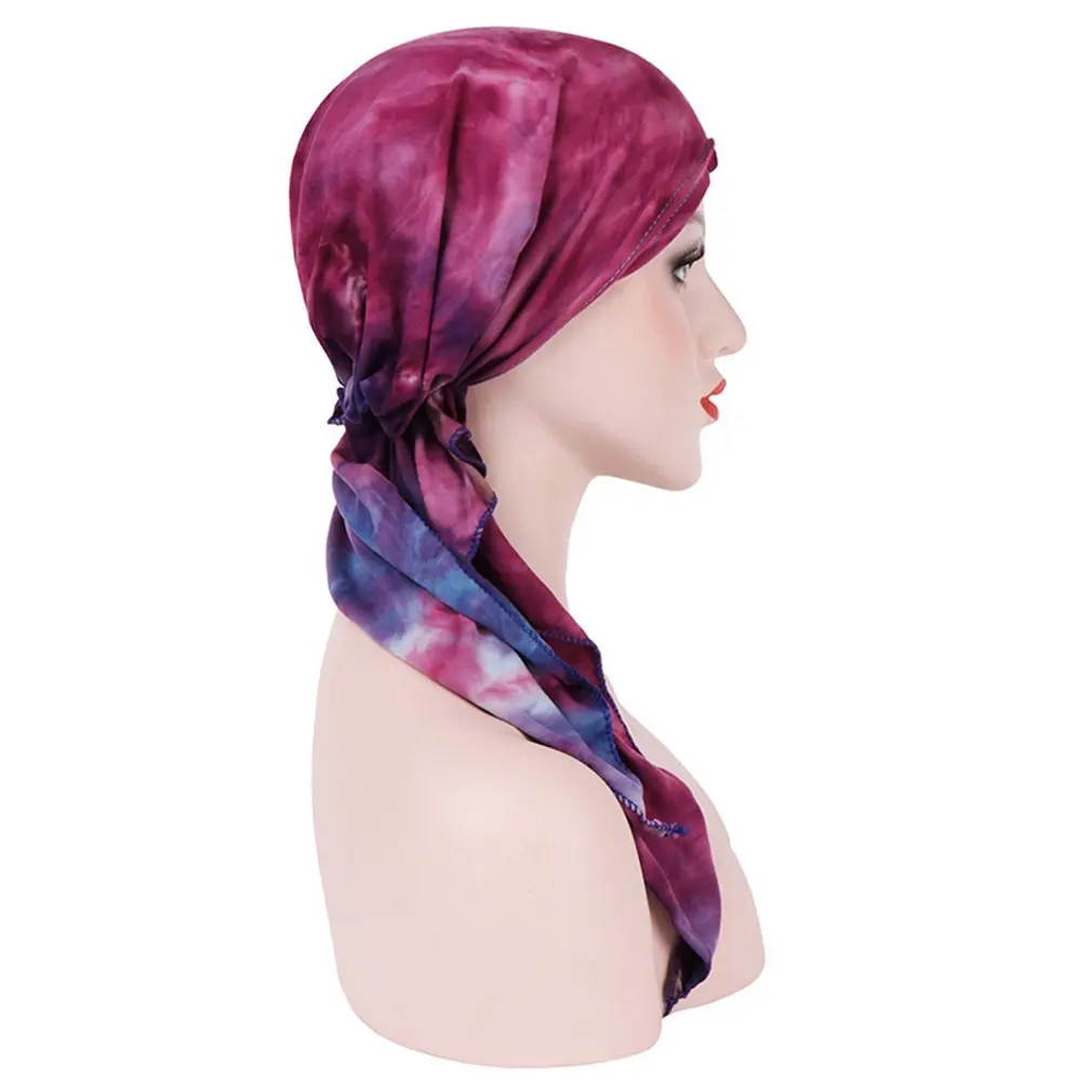 New Tie-dyed Curved Hat Flower Silk Woman Muslim Baotou Cap Fashion Accessories Caps Skullies Hats |
