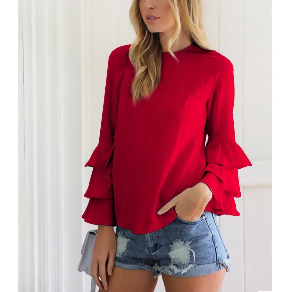 Женская блузка с длинным рукавом ZOGAA воланом и оборками однотонная Элегантная в