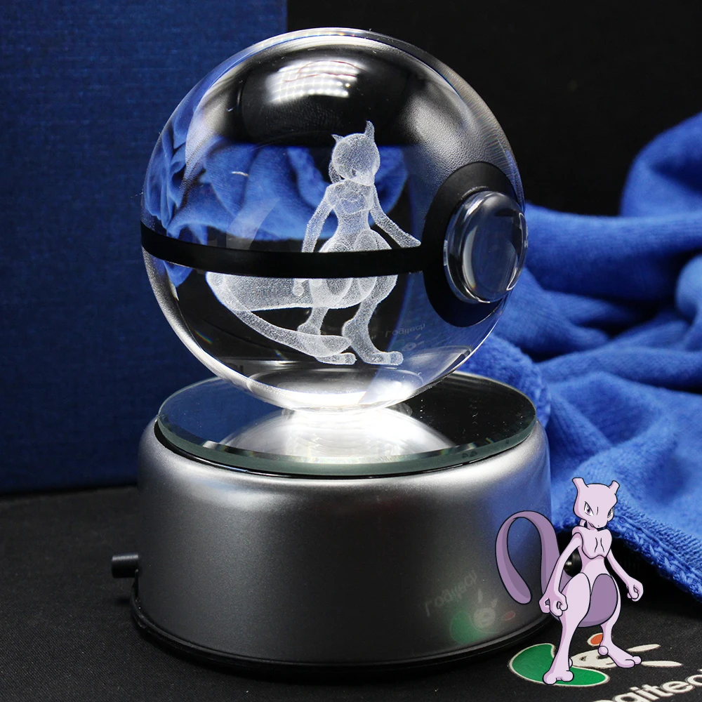 Новая милая Мода Mewtwo Pokemon to ball 3D гравировка хрустальный шар со светодиодной базой
