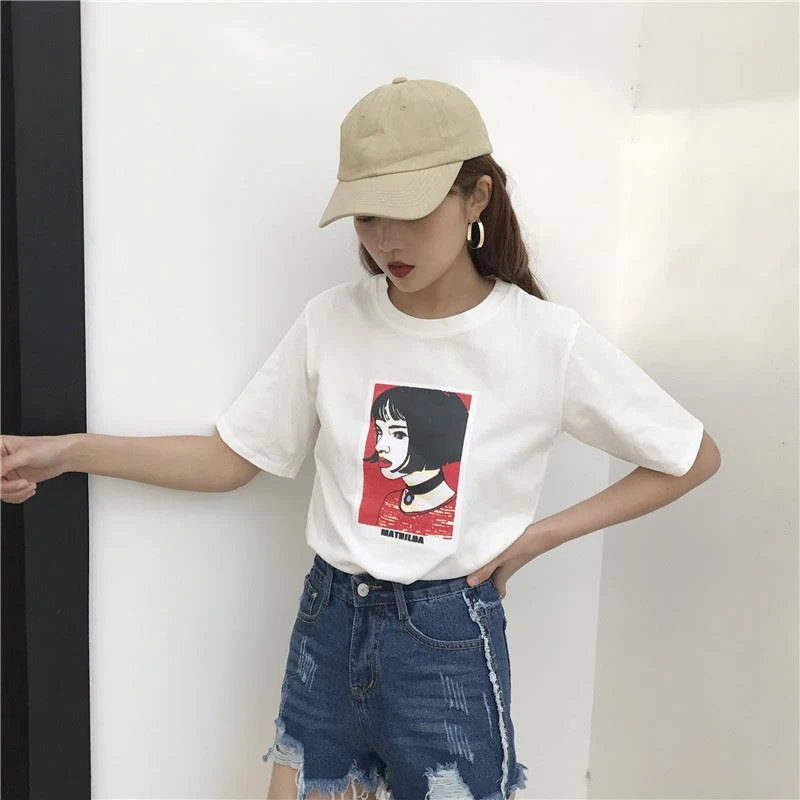 Kawii милый Mathilda Leon Профессиональный Весна и Лето Южная Корея ulzzang Harajuku стиль голова портрет свободная футболка femal