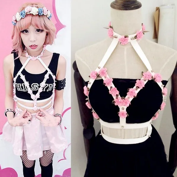 

HARNESS Sexy Handmade Harajuku Flower Stud Spikes Choker Body Chest Bondage collar around neck adjustable buckles waist belts