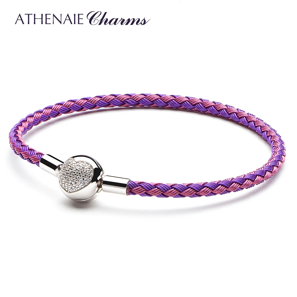

ATHENAIE Colorful Wire Purple & Pink Charms Bracelet with 925 Sterling Silver CZ Love Heart Clasp for Women Gifts Charm Beads